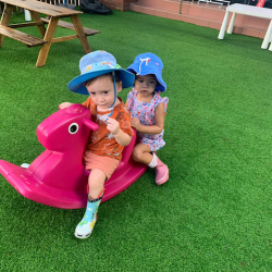 Skyler and Charlotte riding the pony together!