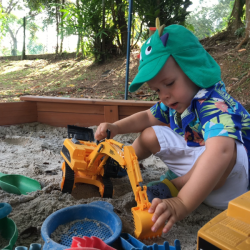 Luca is having fun in the sand pit with his excavator!