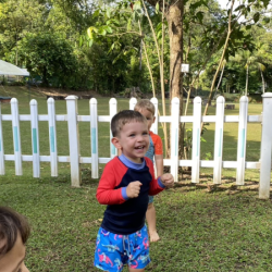 Luca is not scared of getting wet.