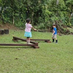 Practising walking on the balancing beams.