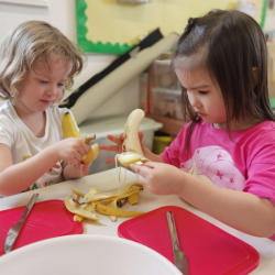 Peel the bananas and mash them all up!