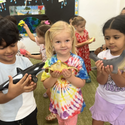 Araav, Eleanor and Kainaat exploring various sea animals. 