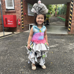 Celene in her amazing DIY earth day dress.