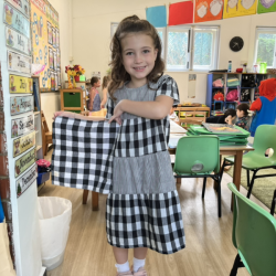 Elenna found a matching table cloth for her beautiful dress from busy bees kitchen