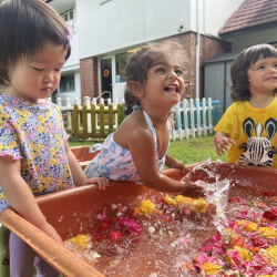 Constance, Sara and Lulu enjoying the flower water tray!