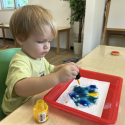 Max creating his peacock using ink and a coffee filter! 