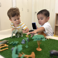 Jasper and Mateo exploring safari animals in small world play.