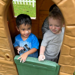 Mateo and Arthur loved playing in the playhouse with some goop!